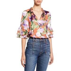 Alice Olivia Julius Blouse Orange Floral Silk Velvet Tie Ruffle Sleeve Top XS